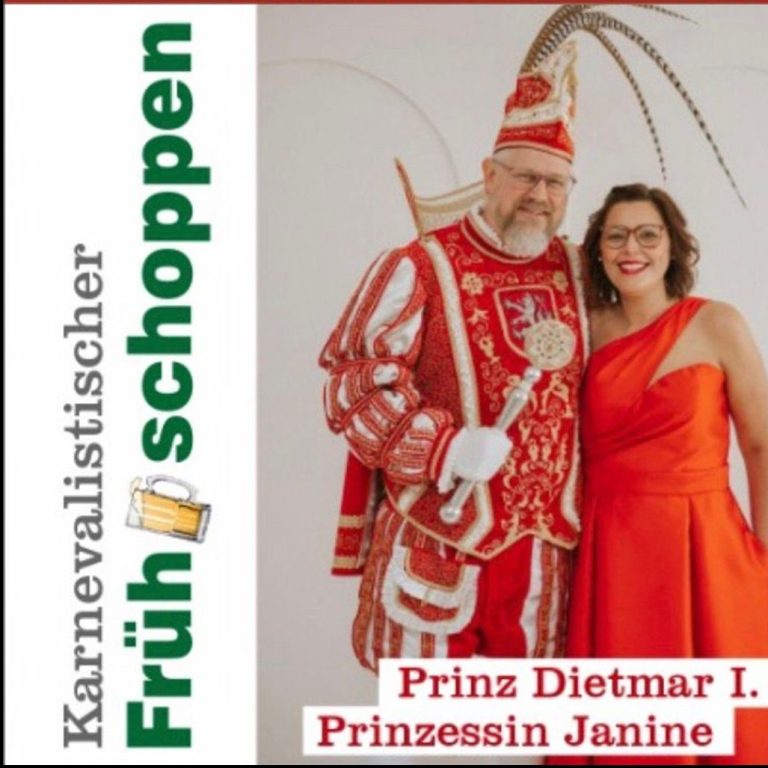Frühschoppen Karnevalsveranstaltung mit verzierten Schriftzügen und feiernden Personen auf der Bühne.