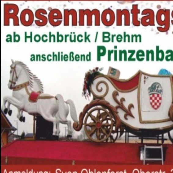 Frühschoppen Karnevalsveranstaltung mit verzierten Schriftzügen und feiernden Personen auf der Bühne.